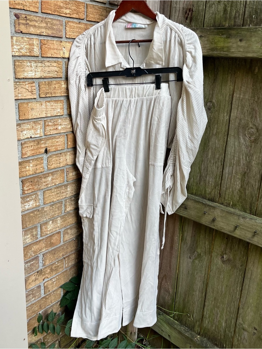 Free People Beach Light Cream Ribbed Wide-Leg Pants and Long Sleeve Top Set